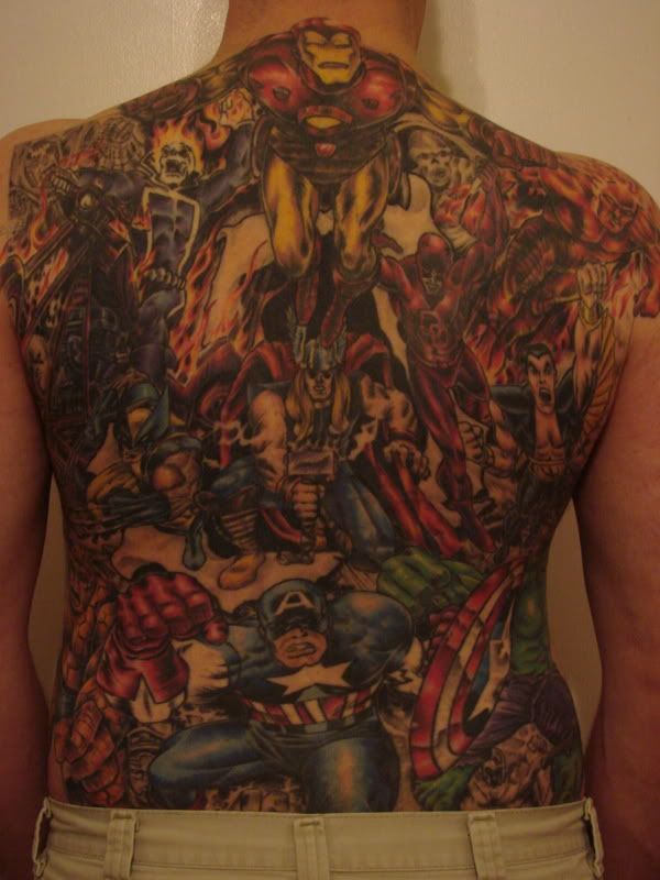 Here is my Marvel backpiece. Color heros and grey scale villians on the page 