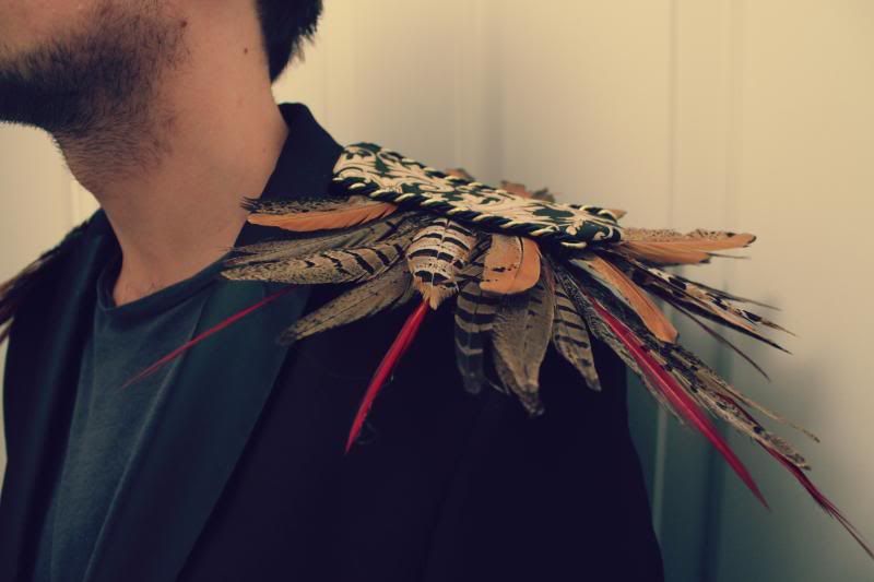 Brandon Flowers, feather jacket, blazer, feather epaulettes, 