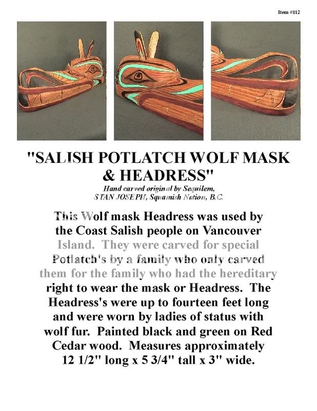 Signed on back Salish Potlatch Wolf Mask, Handcarved March 04, by 